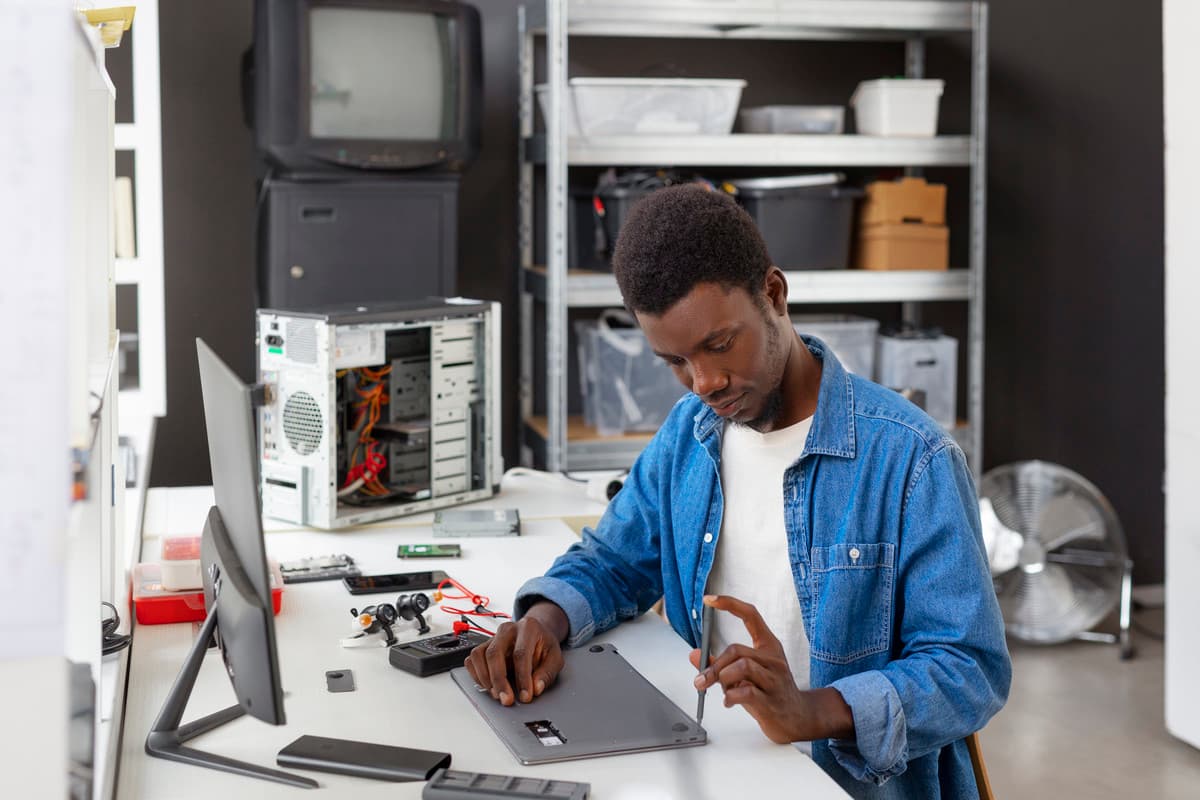 A technician repairing a circuit board